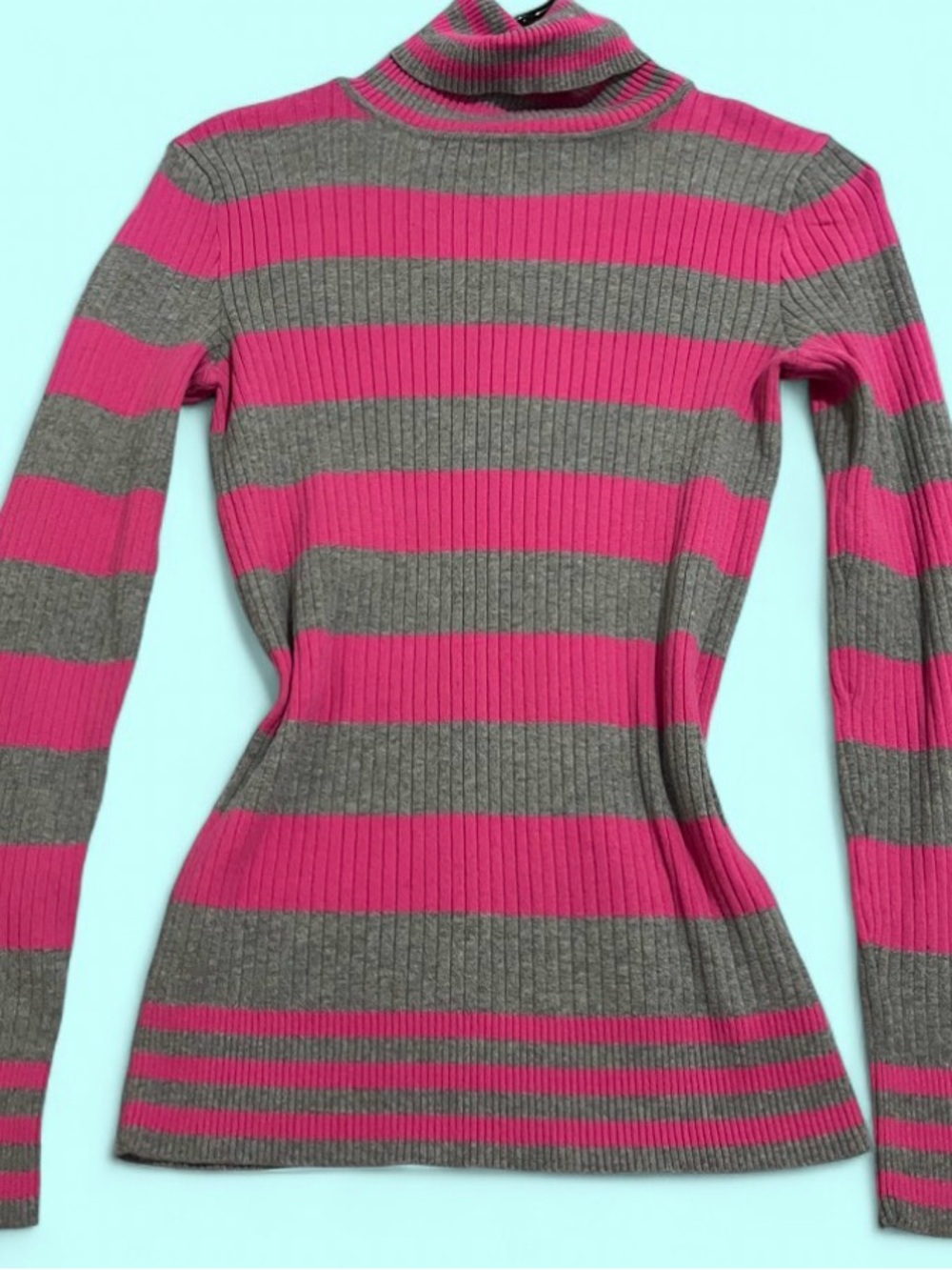 lei Pink and Gray Ribbed Striped Turtleneck Sweater, size L but can fit as an S.
